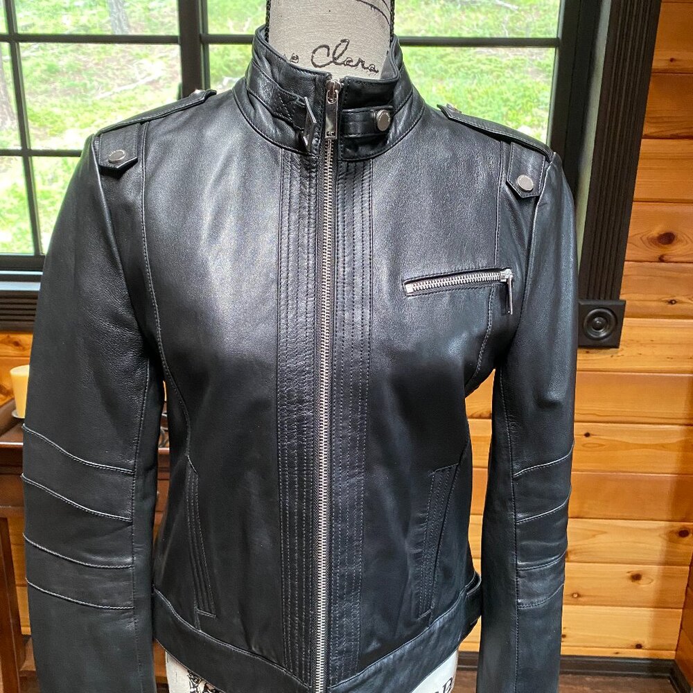 Marc New York Front-Zip Leather Moto Jacket, Black - Size S